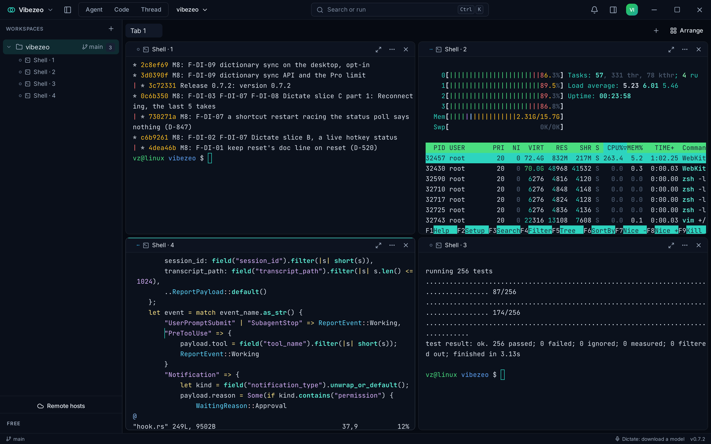 The Vibezeo desktop app in Code mode with four terminal panes over its own repository, showing the git history, htop, vim open on the Claude Code hook handler, and a test run.
