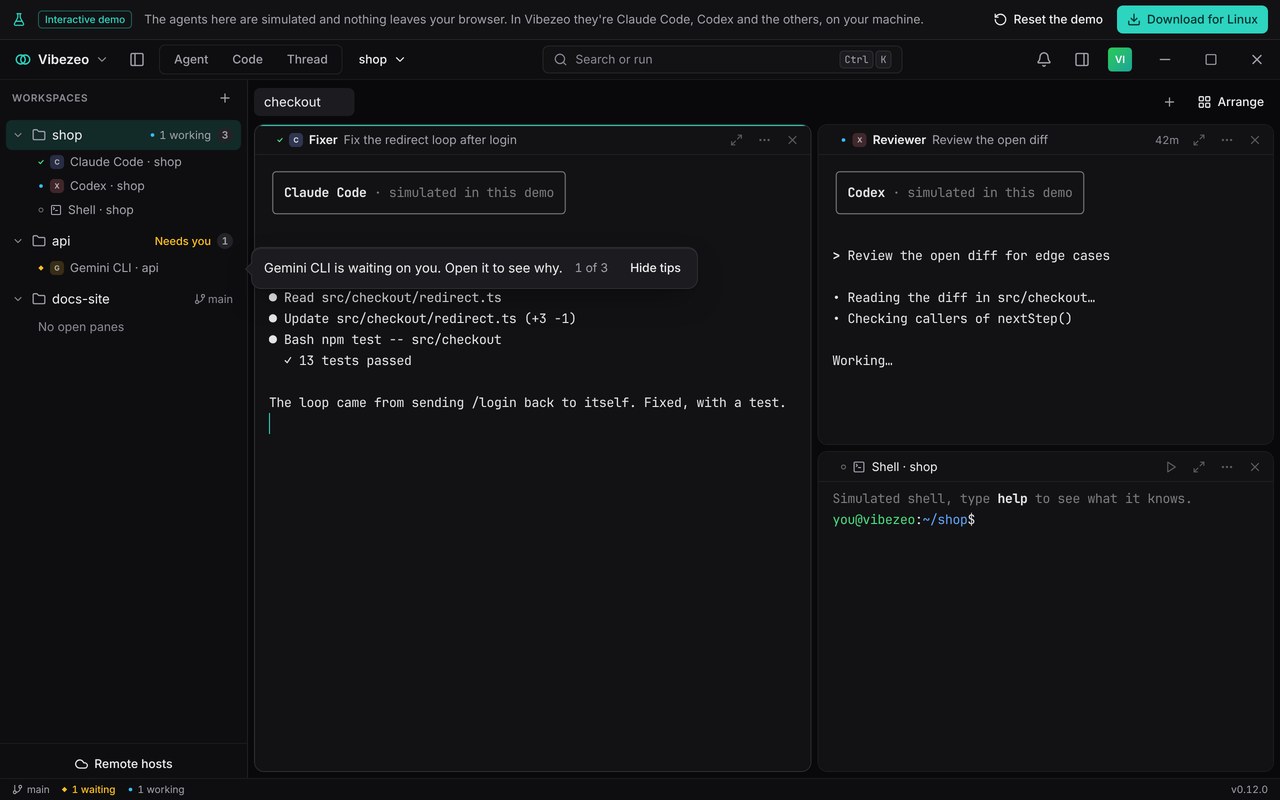 Launch the demo: Vibezeo's Code mode with Claude Code done, Codex at work, a shell, and Gemini CLI waiting on you in another workspace.